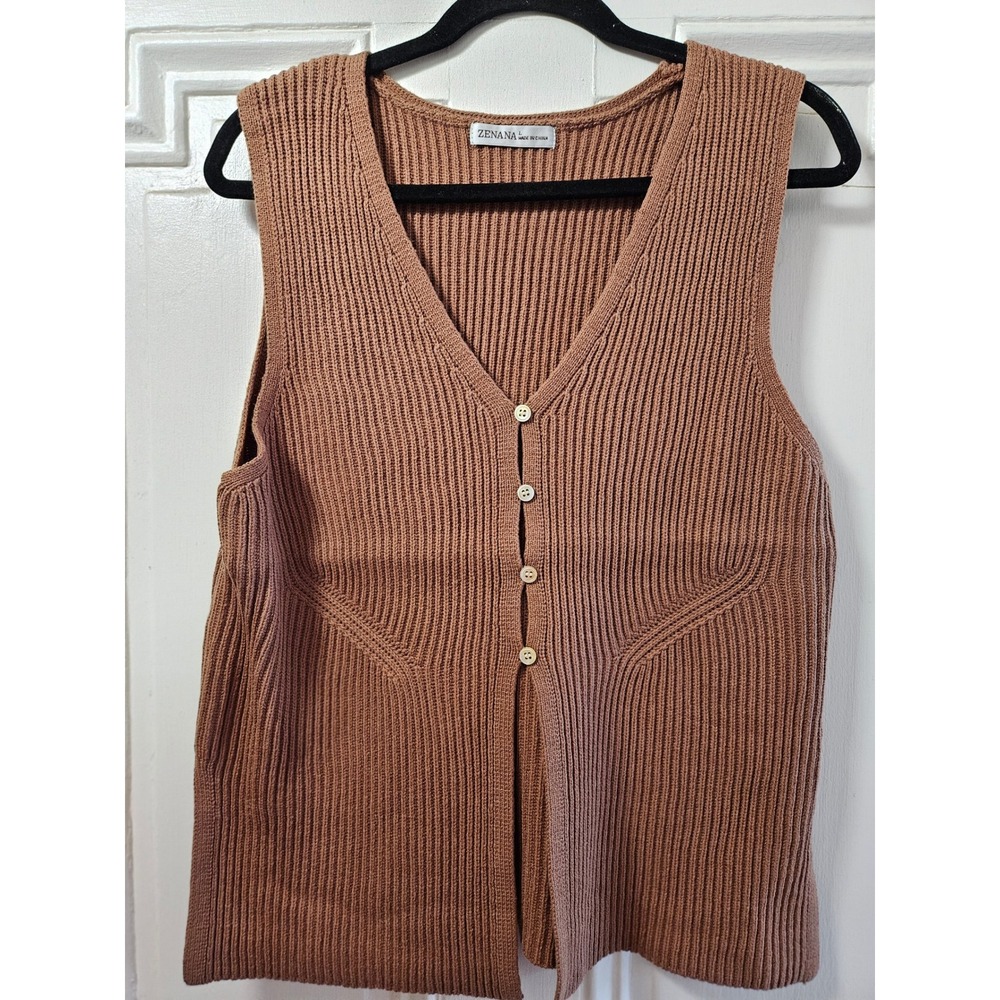 Zenana Women Brown Ribbed V-Neck Button Front Sweater Vest Size Large Cognac